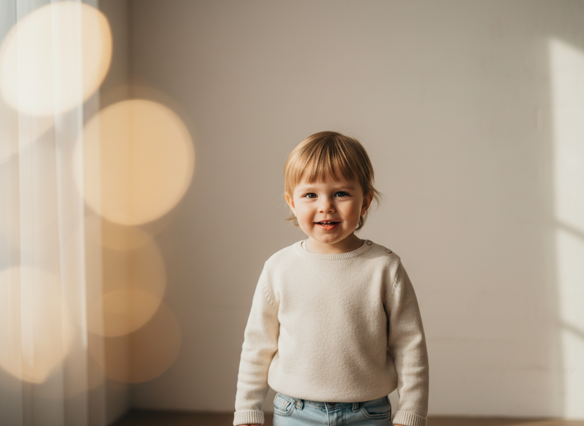 پرامپت عکس آتلیه‌ای کودک با نور طبیعی