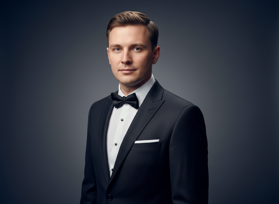پرامپت عکس داماد رسمی با نور استودیویی